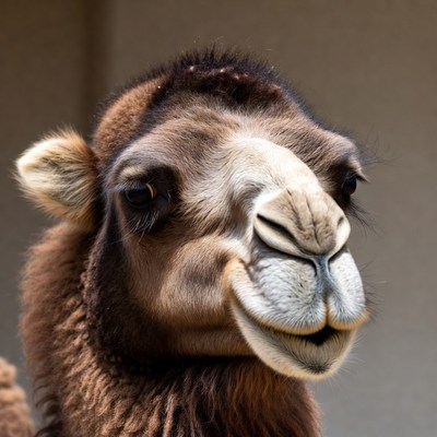 Camel looking at the camera in desert