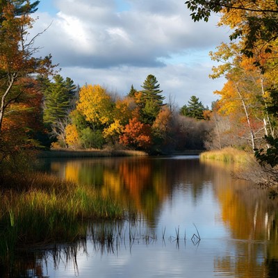 Colorful trees reflect in calm water