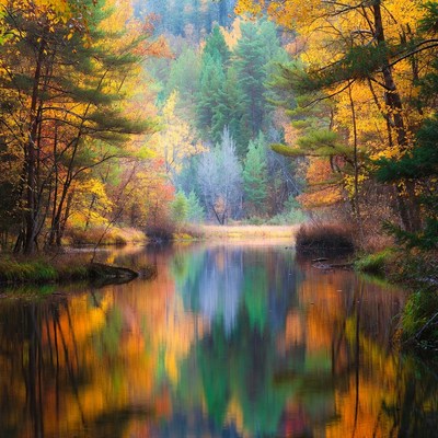 Autumn colors along forest river