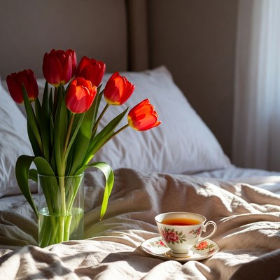 Morning tea with tulips on bed