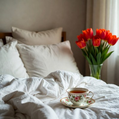 Morning tea with flowers in bedroom