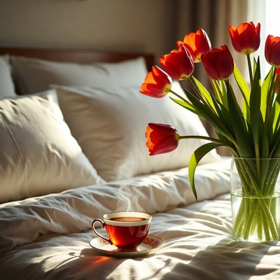 Morning coffee with tulips on a bed