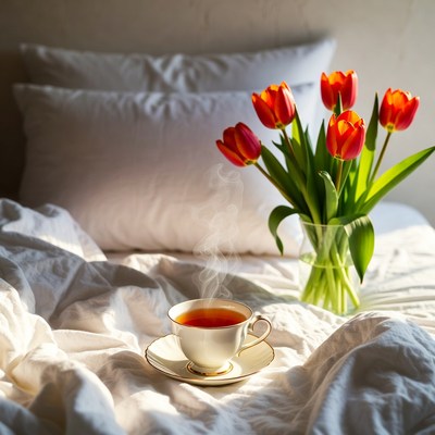 Fresh morning tea with tulips on bed