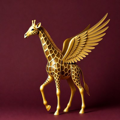 Golden giraffe with wings on display