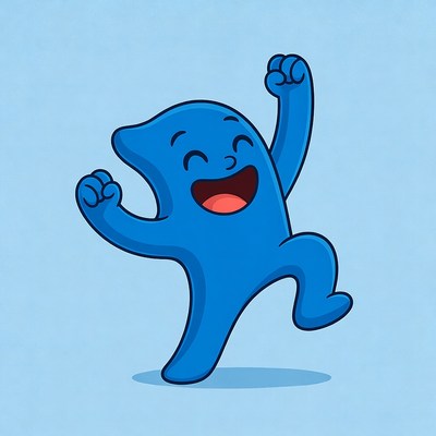Blue character dancing joyfully on blue background