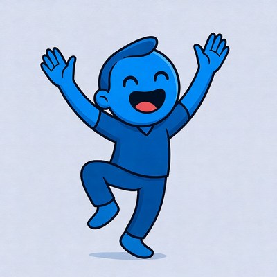 Happy blue cartoon character dancing