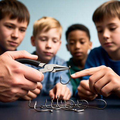 Kids learn fishing hook setup together