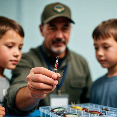Grandfather teaches kids fishing skills