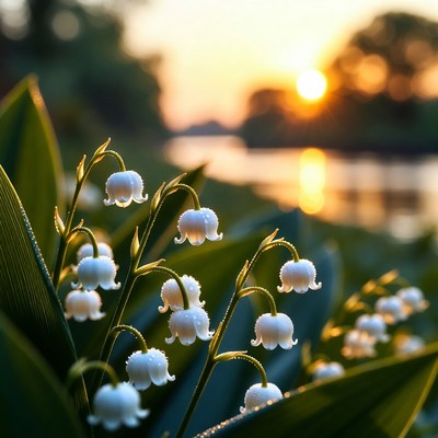Lilies by the river at sunset