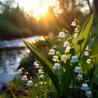 Flowers bloom near a river at sunset