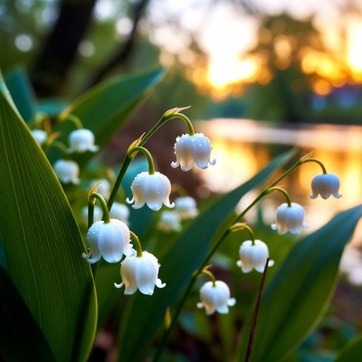 White flowers bloom near a lake at sunset