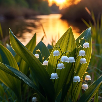 White flowers by the river at sunset