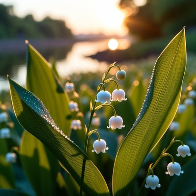 Morning dew on flowers by river