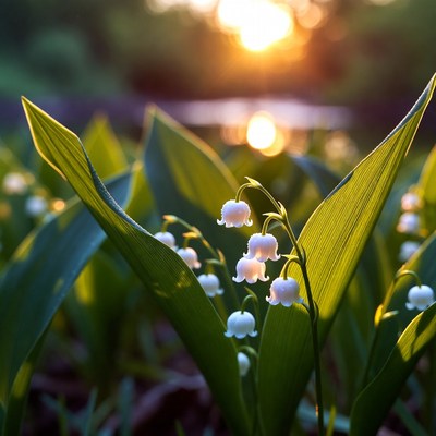 Flowers bloom near water at sunset