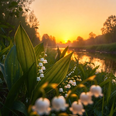 Sunrise over blooming flowers by river