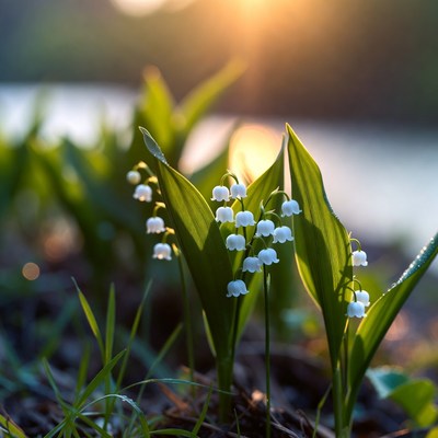 Wildflowers bloom by the riverbank at sunset