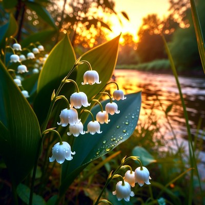 Flowers by the river at sunset