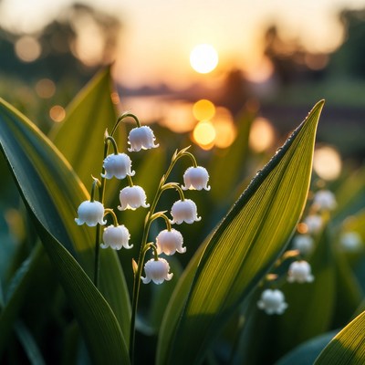 White flowers bloom in sunset light