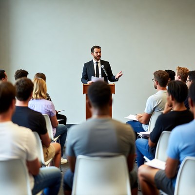 Speaker addresses audience at event