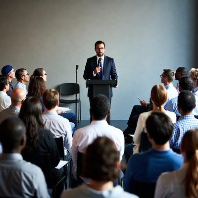 Speech at conference in a hall