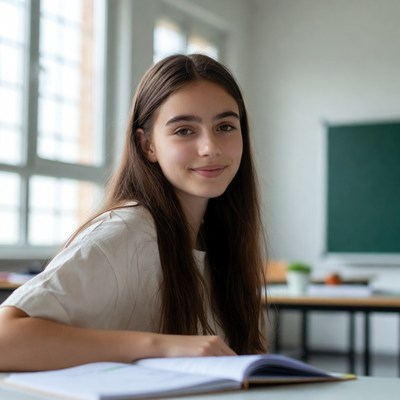 Student at desk in classroom during study time