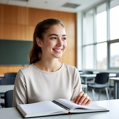 Student smiles in classroom during study