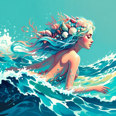 Mermaid in ocean waves with coral