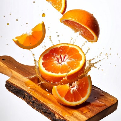 Flying oranges splashing on wood