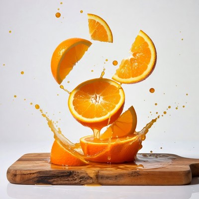 Oranges splashing on wooden board