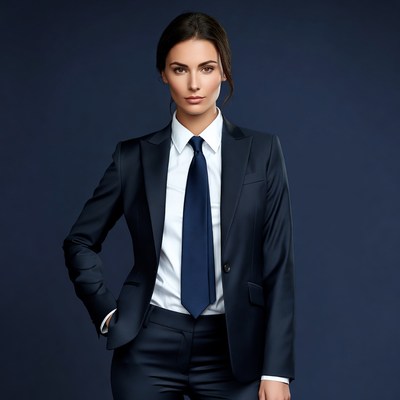 Woman in business suit poses confidently