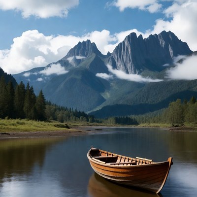 Boat on river with mountains in background