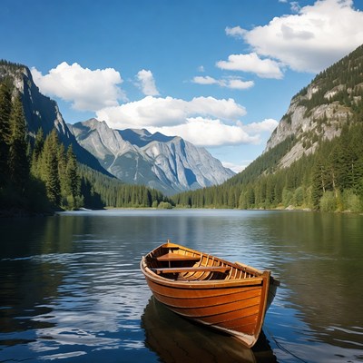 Boat on a lake surrounded by mountains