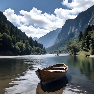 Boat on calm water in mountains