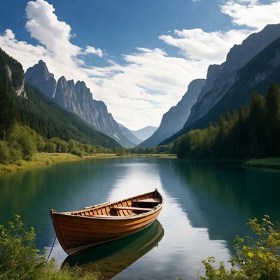 Quiet boat on lake in mountains