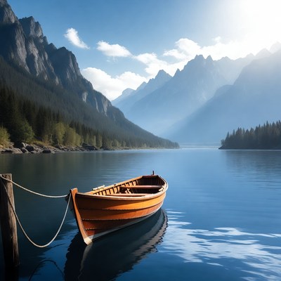 Boat on calm lake in mountains