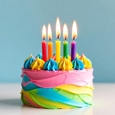 Bright birthday cake with candles for celebration