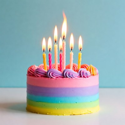 Birthday cake with lit candles on table