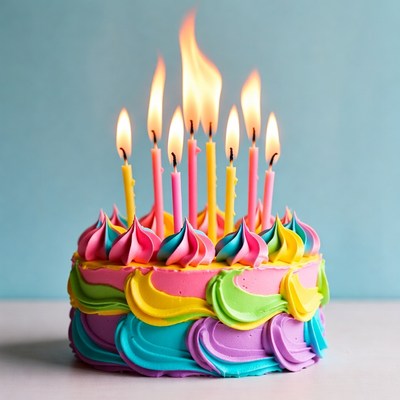 Colorful cake with lit candles in a celebration