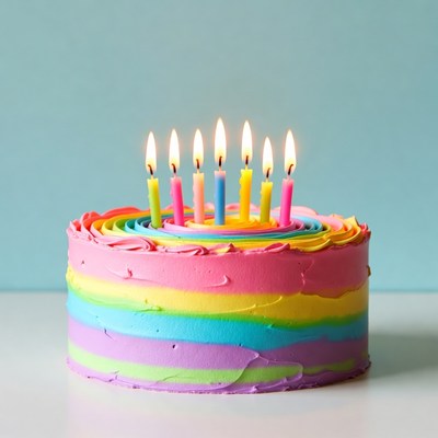 Colorful cake with lit candles for celebration