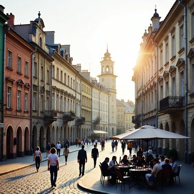 People walking on city street at sunset