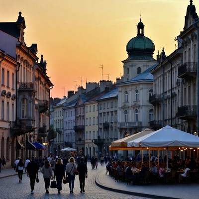 People walking in city at sunset
