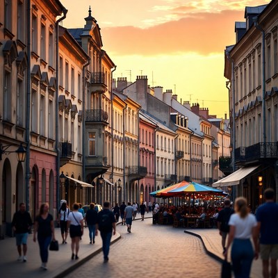 Evening walk through city street