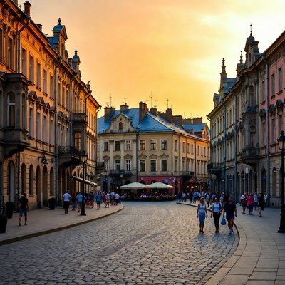 Sunset in a european city street