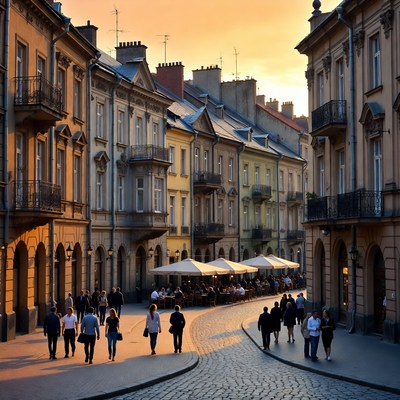 People walking in city street at sunset