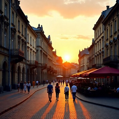 Sunset walk in city street