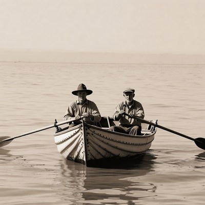 Two men rowing on calm water