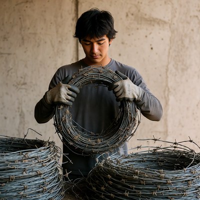 Working with barbed wire at workshop