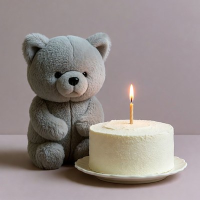 Bear and cake with candle on table