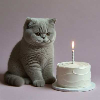 Cat watches birthday cake candle