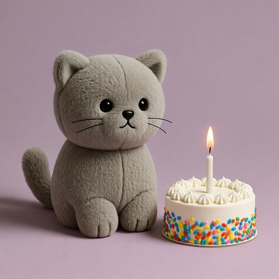 Soft toy cat with birthday cake